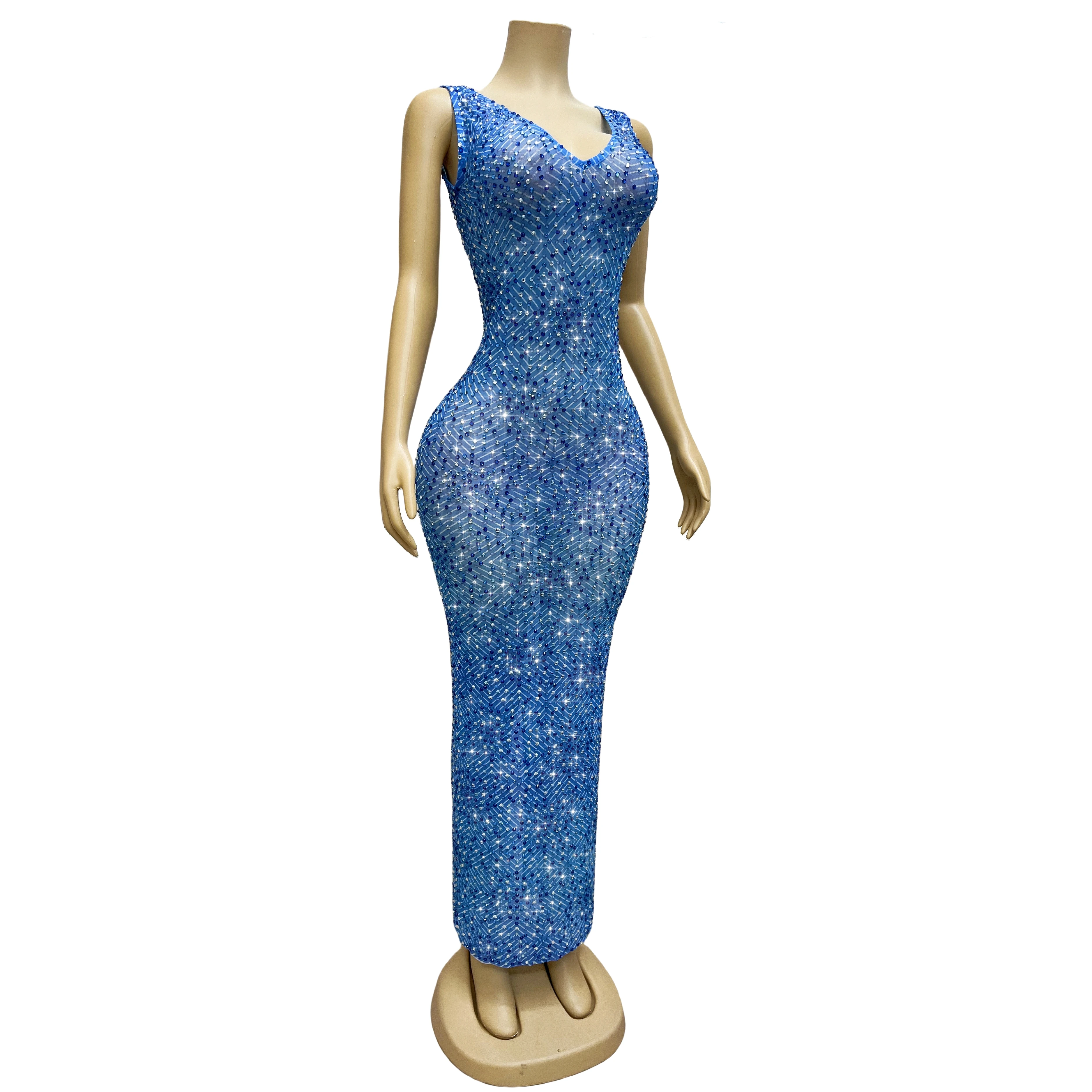 Luxury Blue Rheinstone V-Neck Sleeveless Elegant Blue Dress Dress Ladies Evening Celebration Costumes Show Costumes Heshibi