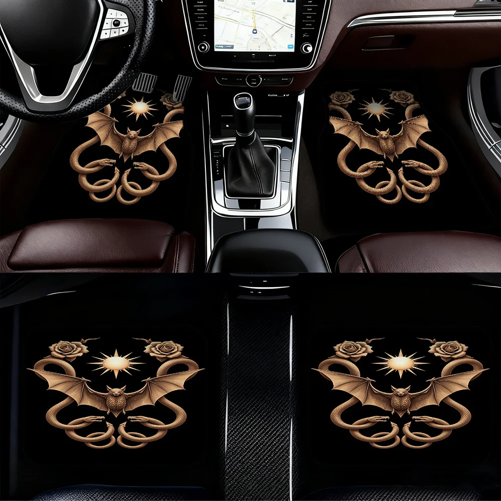 4pcs Gothic Bat Snake Rose Car Mats - Durable Polyester, Fit For Pickup Trucks & Sedans, Stylish Interior Decoration With Conven