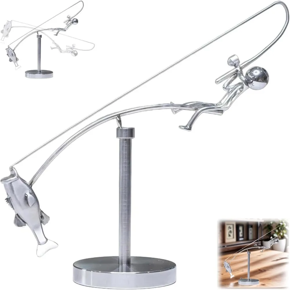 Handmade Kinetic Fishing Sculpture Desk Ornament Metal The Fisherman Balancing Sculpture Gift Kinetic Balance Art Statue
