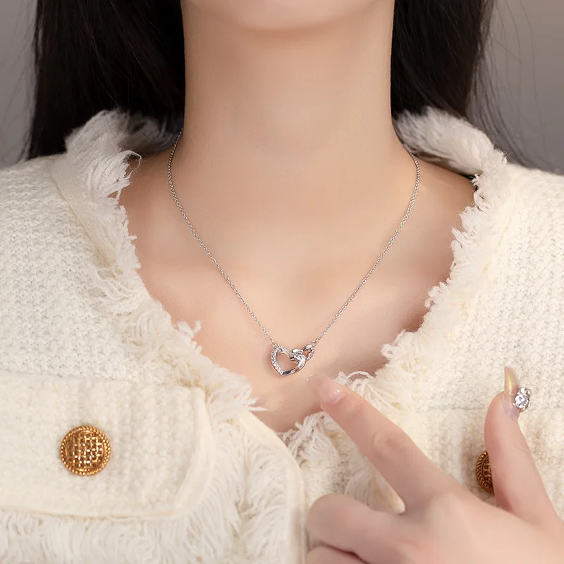 الأوروبي 925 الفضة الاسترليني اثنين على شكل قلب AAA الزركون قلادة رومانسية الذكرى مجوهرات الزفاف هدايا لها