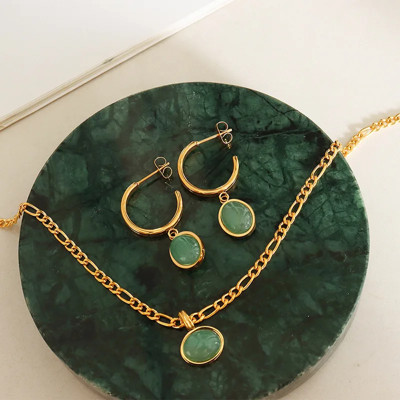 Green Aventurine Pendant Necklace Earrings For Women Stainless Steel Gold Plated Bohemia Women's Necklaces Earring Jewelry Set