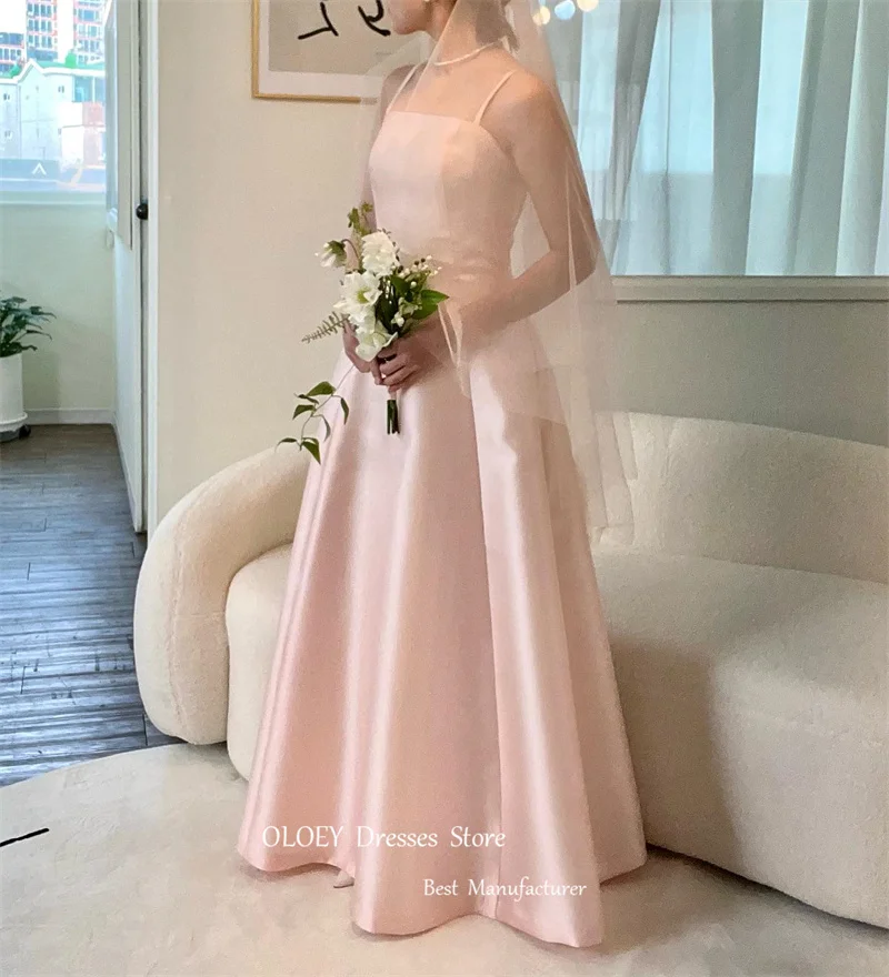 OLOEY gaun pernikahan Korea merah muda garis A sederhana dengan korset tali spageti Tulle balero gaun malam Formal Satin belakang