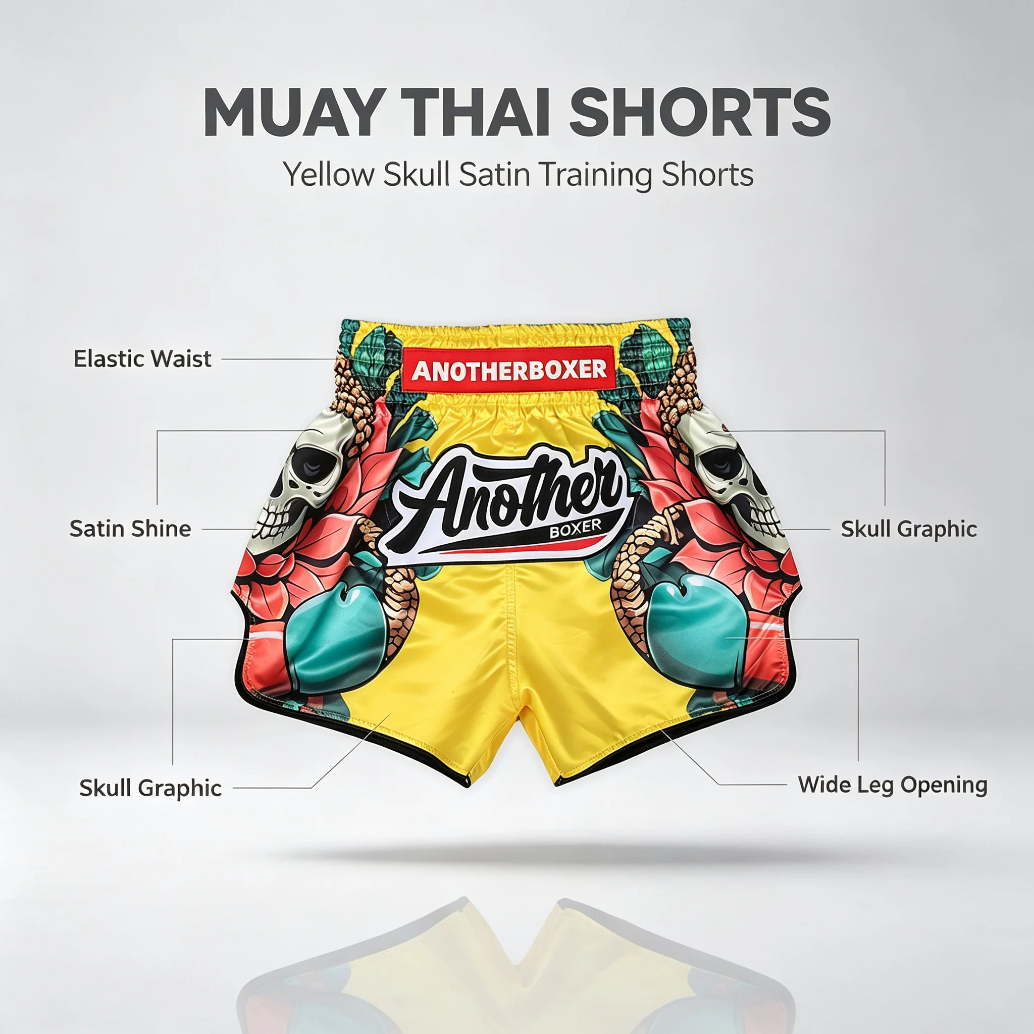 Traditional Thai Muay Thai Shorts Shiny Satin Combat Shorts Skull Pattern Yellow Embroidery Boxing Training Competition Wear