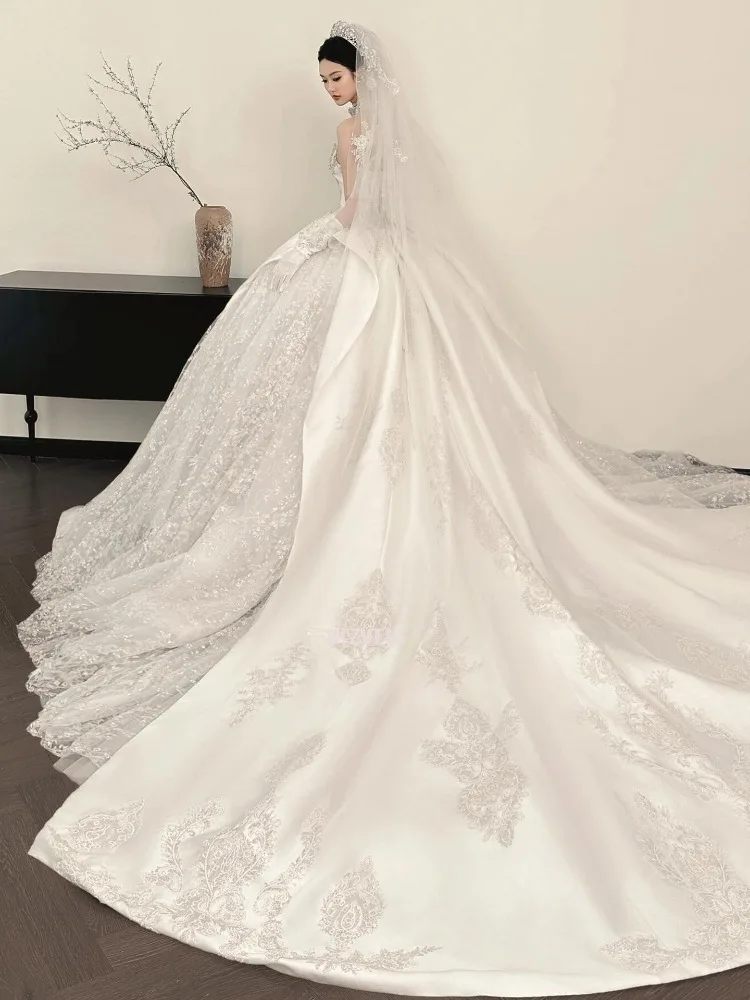 Satijnen strapless trouwjurk mouwloos luxe borduurwerk prinses sprankelende kralen bruidsjurk vestidos de novia aangepast