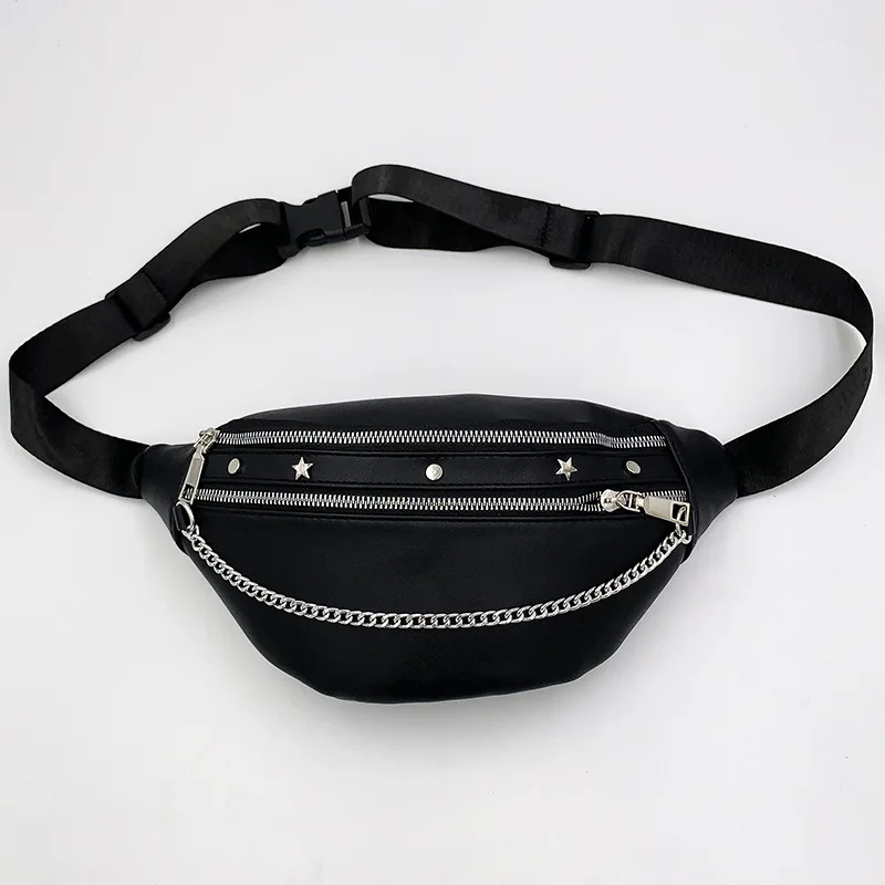 1 piece PU Leather Women\'s Chest Bag Chain Decoration Fashionable Waist Bags Double Layer Zipper Crossbody Belt Bag Funny Pack