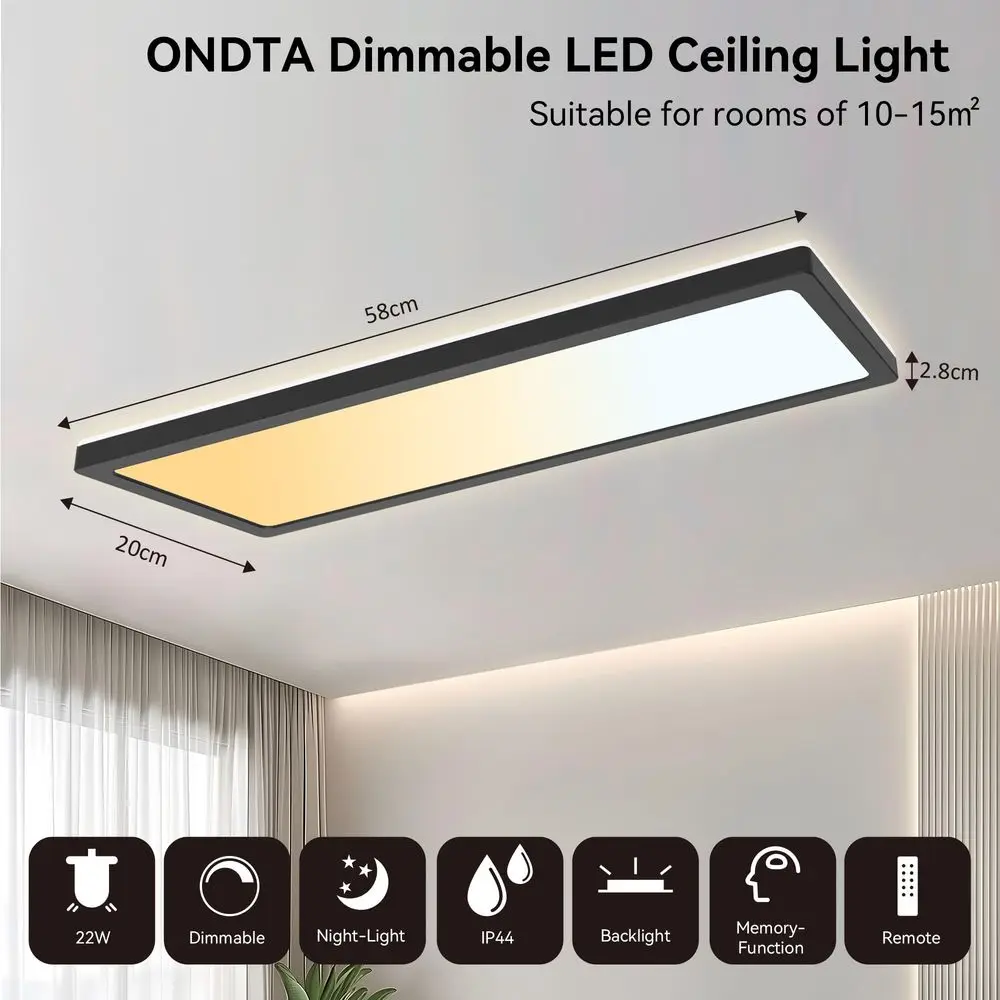 Afbeelding 3: Plafondlamp 22W, 58x20cm 2700K6500K Dimbaar met afstandsbediening, IP44 Waterdichte badkamerverlichting Plafond, Modern Eenvoudig Dun