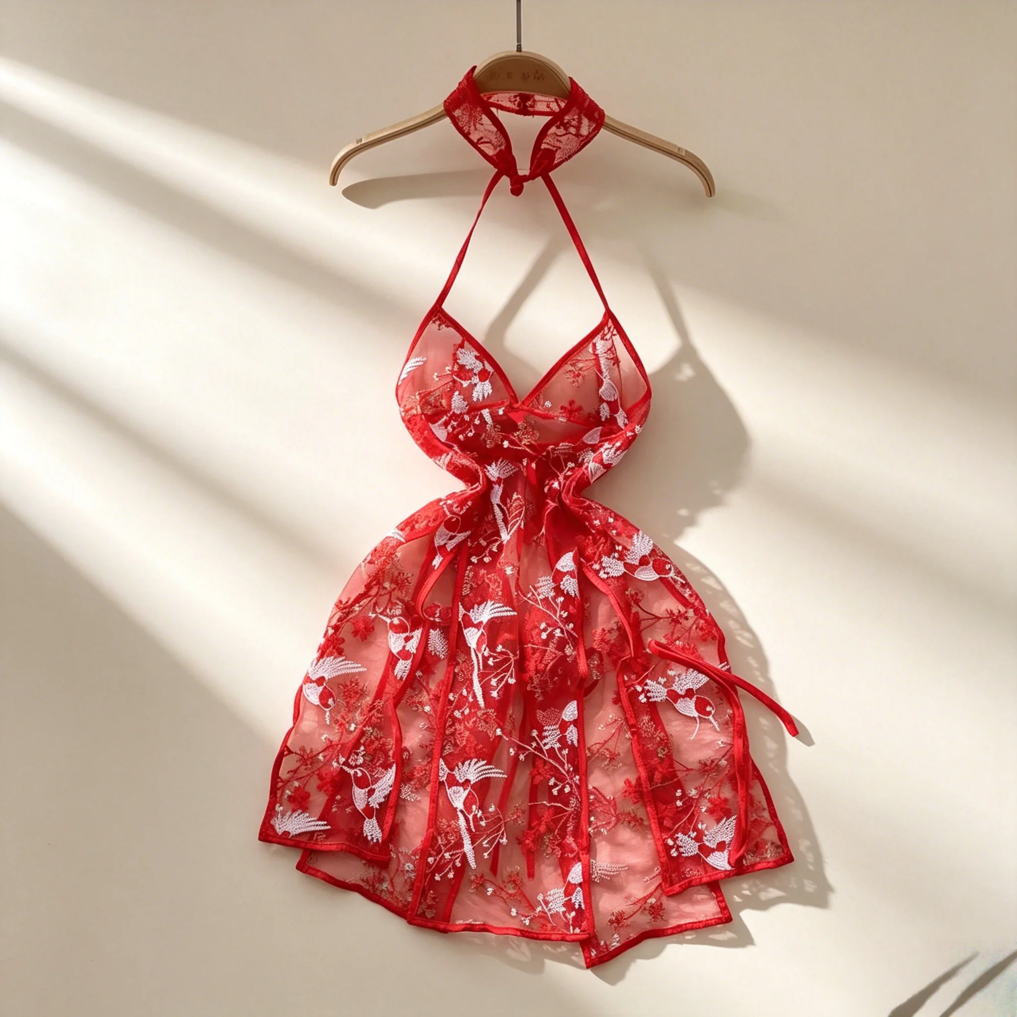 Halter-Kleid mit Kreuzriemen, Vogel-Stickerei, Mesh-Spitze, Patchwork, Schlitz, Unregelmäßig, Sexy, Ärmellos, Rückenfrei, Kurzes Kleid, Chic
