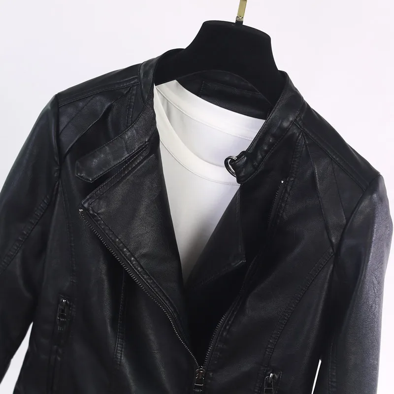 Jaqueta de couro lavada PU para mulheres, Stand Neck, Slim Fit, Zipper, Casaco de motocicleta, Novo, Compra 2024, Outono