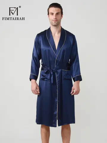 FIMTAIRAH 19MM 100% Real Silk Robes Men For  Husband Long Robes Sleeve  Home   Sleepwear Male Fashion Elegance Male Robe New