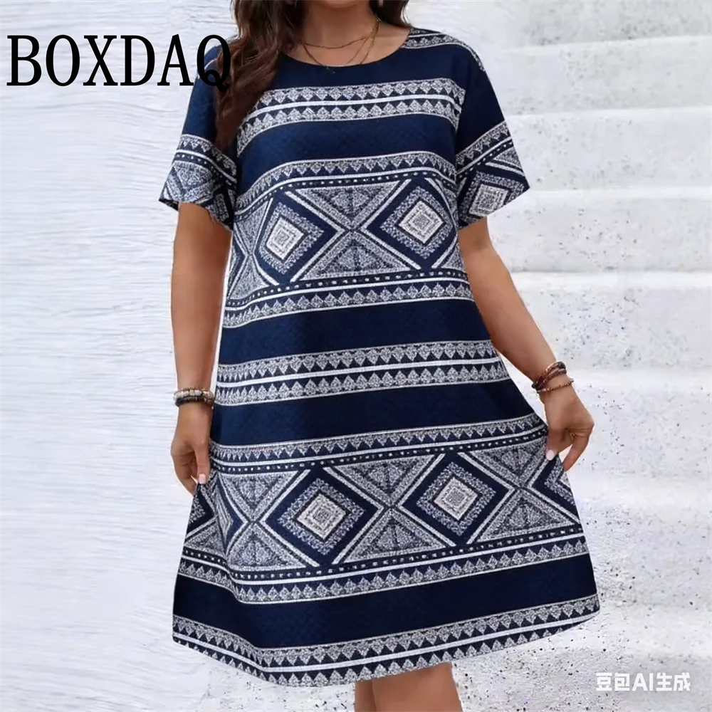 

Женское летнее платье больших размеров с коротким рукавом и круглым вырезом, свободного кроя, модное повседневное, с геометрическим этническим принтом, в стиле ретро, новинка 2026 года