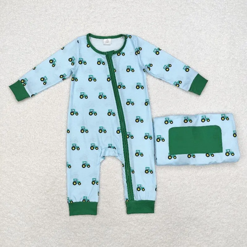 8.21y Baby boys romper boutique wholesale tractor pattern teal zipper long sleeve bamboo onesie
