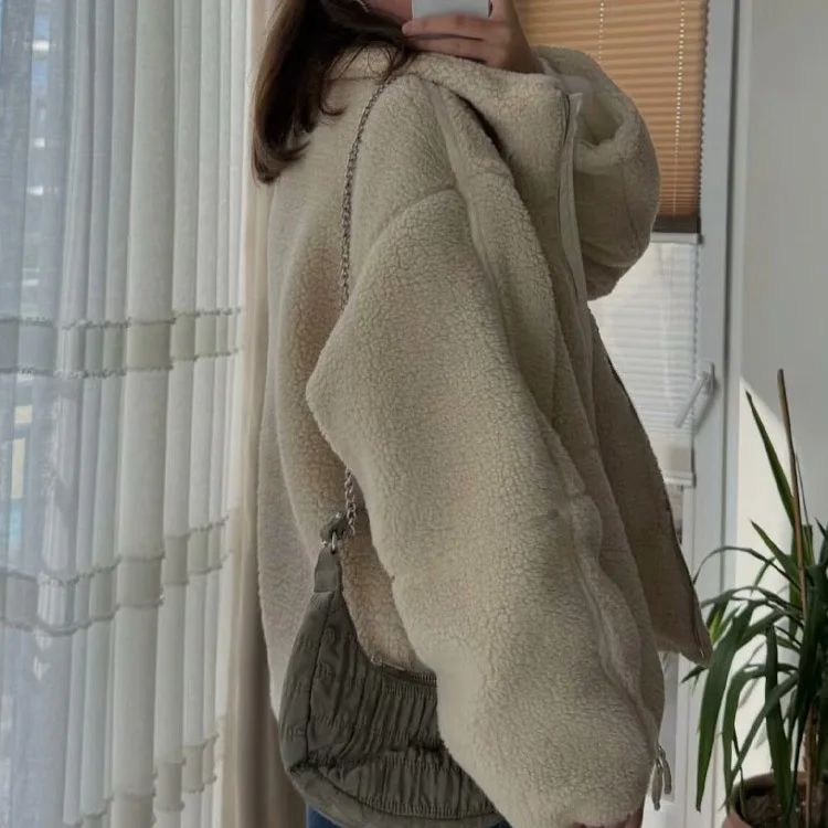 Witte Mode Rits Lamswollen Jas voor Vrouwen Chique Revers Lange Mouw Losse Cropped Jas Vrouwelijke Herfst Winter Casual Uitloper 2025