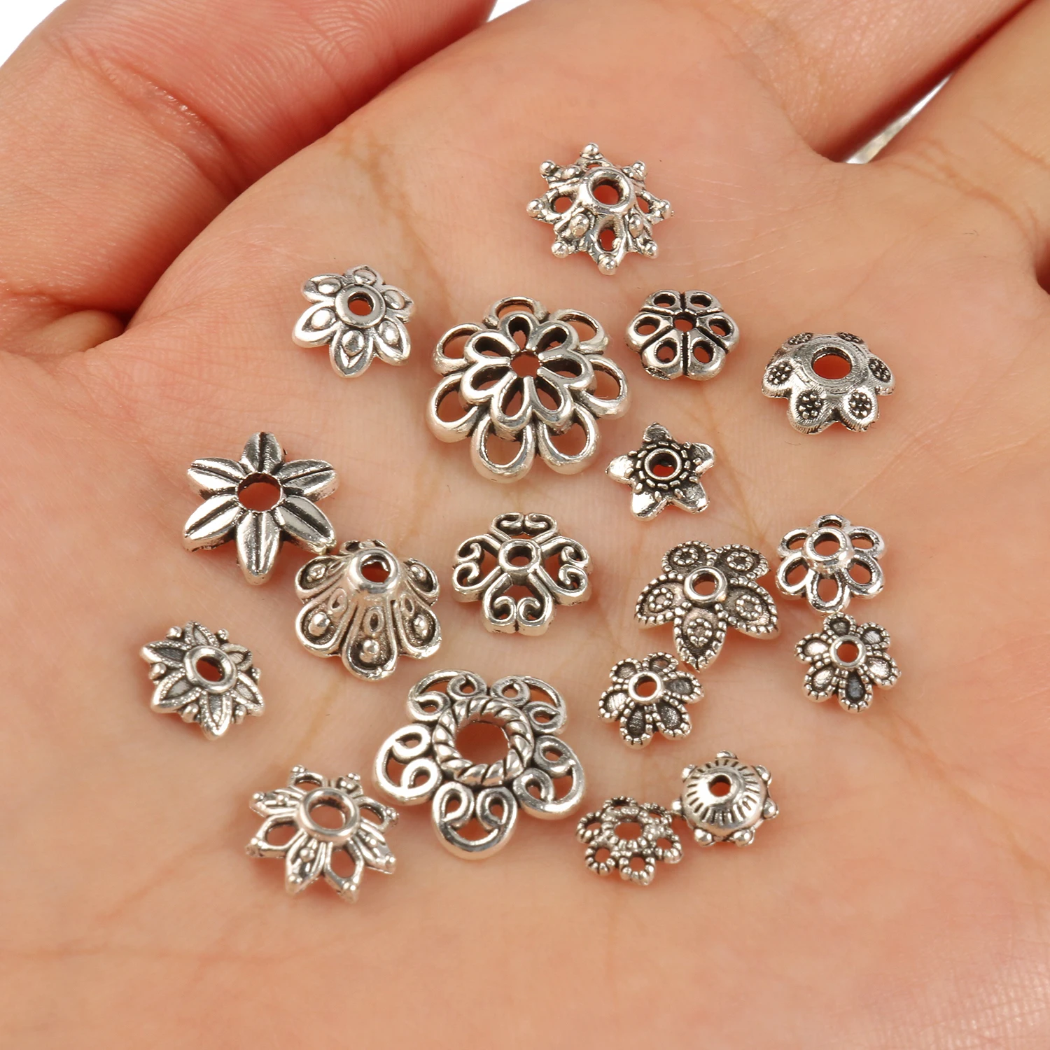 Antique silver color Charms Hollow Open Filigree Flower End Beads Cap Jewelry Making For Needlework Diy Handicrafts Accessories