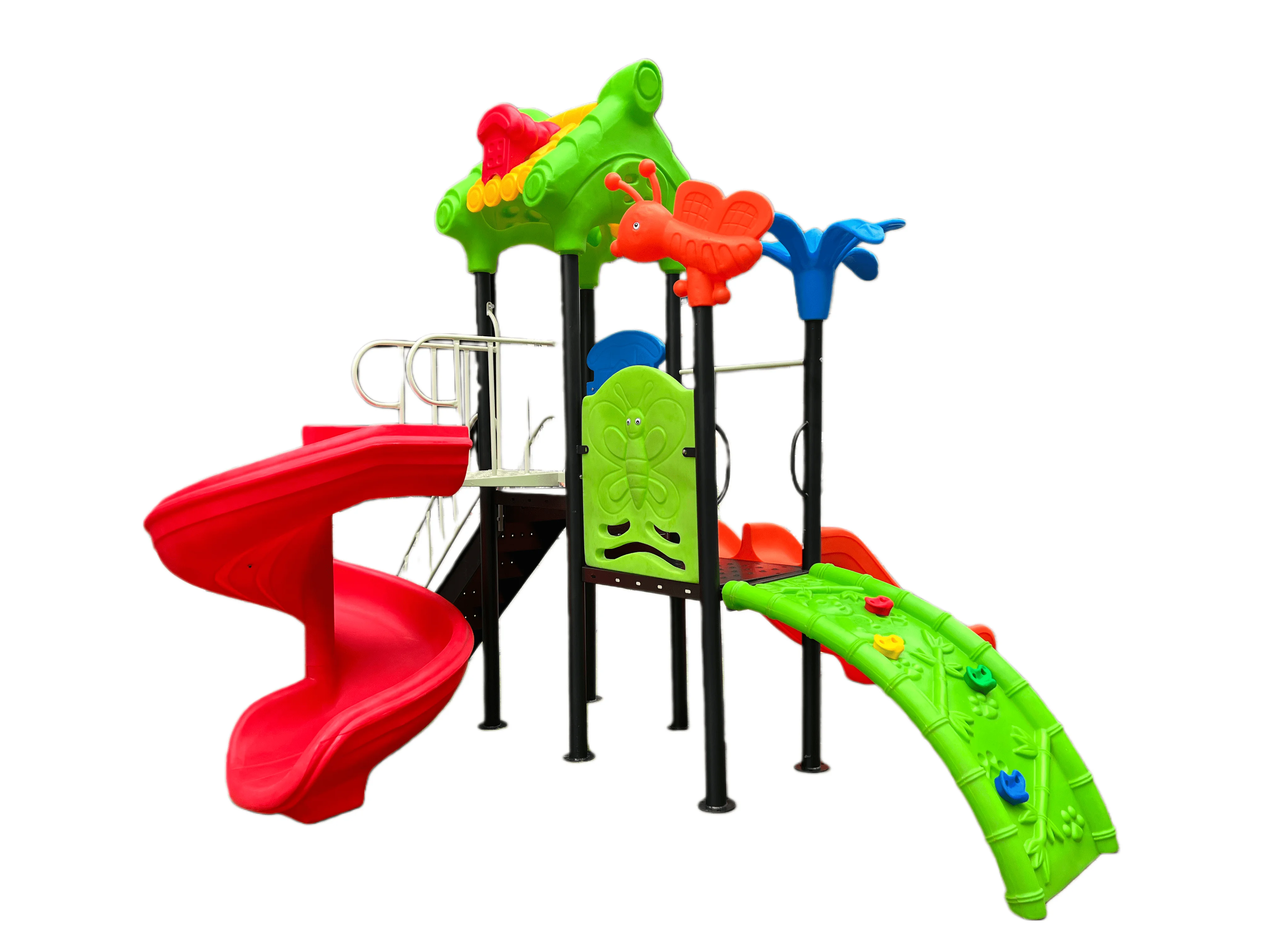 Backyard Discovery Commercial Plastic Playground Wave Slide Clubhouse Balconies Playhouse Step Ladder Outdoor Play Set