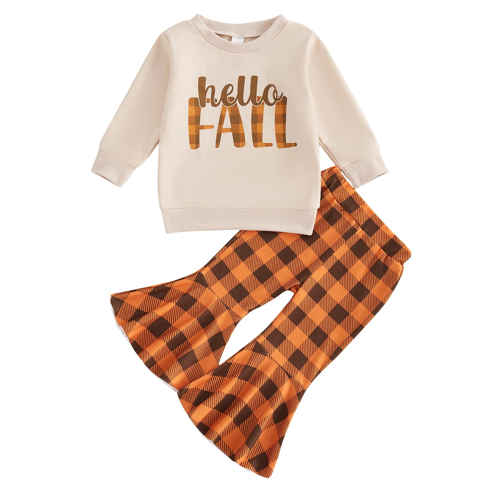 Thanksgiving Toddler Girl Outfit Cute Letter Print Crew Neck Sweatshirt and Plaid Flare Pants Set for Fall Celebration