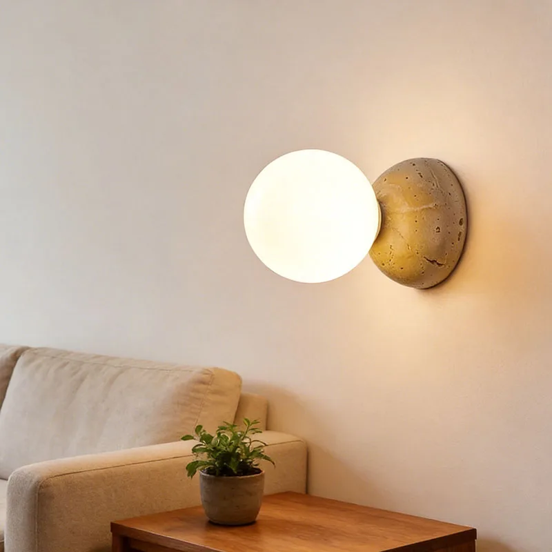 

﻿ Cream Style Led Wall Lamp Round Glass Wall Sconce Natural Cave Stone Wall Light For Bedroom Living Room