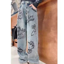 New Sanrio Hello Kitty Baggy Jeans Woman Trousers Autumn Y2k Vintage Streetwear Straight Loose High Waist Pants Denim Clothes