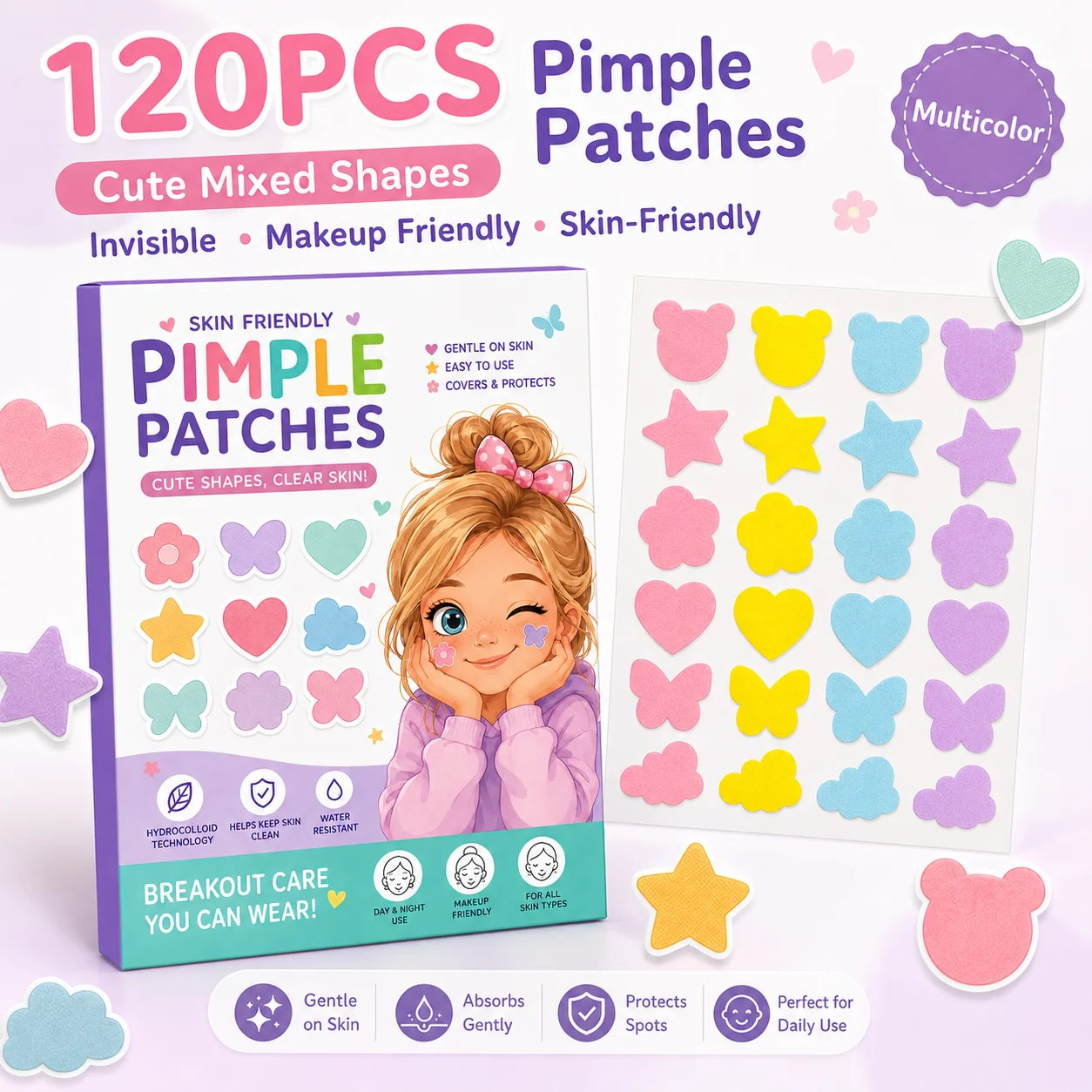 Pimple Patchs 120PCS Multicolor Cloud Stickers Invisible Makeup Skin Cover Decorative Face Patches Cute Fashion Face Stickers