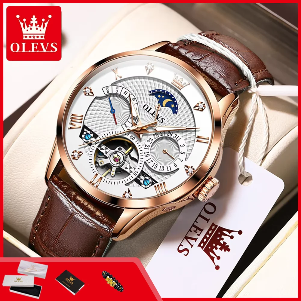OLEVS 6652 Moon Phase Skeleton Flywheel Man Watch Leather Strap Calendar Week Elegant Luxury Men's Automatic Mechanical Watches