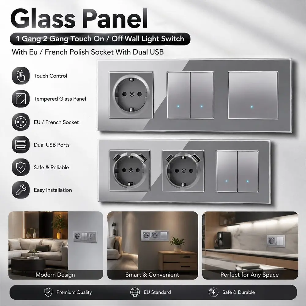 1Pcs 220V 16A 250V Modular Sockets And Switches Dual USB Fast Charge RJ45 TV EU French Socket Module PC Panel Panel Wall Switch