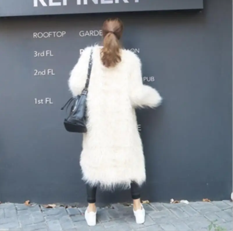 New Fashion Fur Long Coat  Lace V-neck Faux Wool Jacket White Sweet Niche Design Women's Clothing Fast Shipping