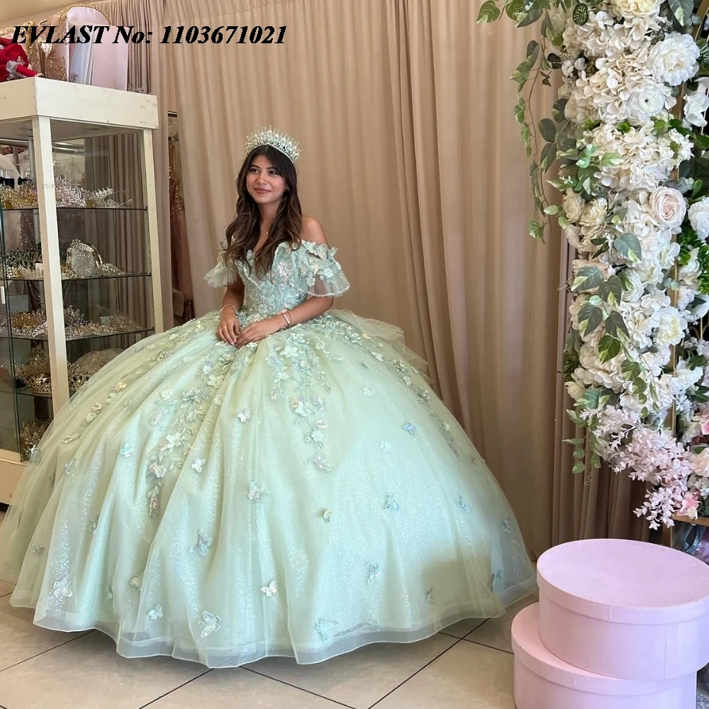 EVLAST Customized Mint Quinnceanera Dress Ball Gown Butterfly Applique Beading Bow Corset Sweet 16 Vestidos De 15 Anos SQ642