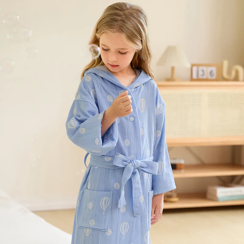 Kids 100% Cotton Double Layer Gauze Robe Cute New Children Bathrobe Sleepwear Boy&Girls Water Absorption Swimming Hooded Robes