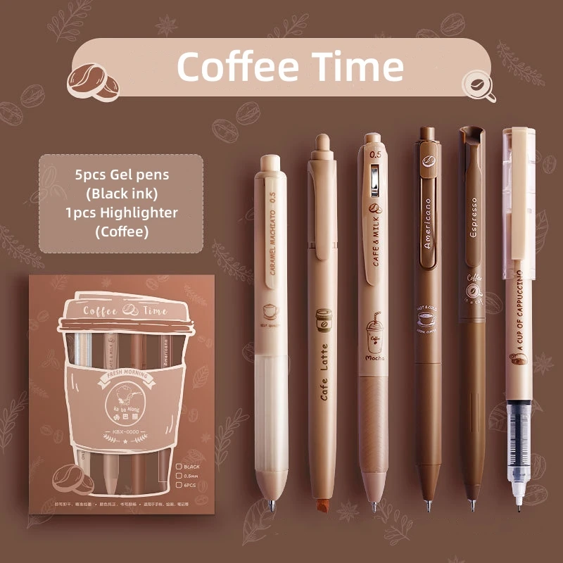 6pcs Coffee Time Gel Pens Highlighter Set 0.5mm Ballpoint Black Color Ink & Coffee Marker for Writing A7439