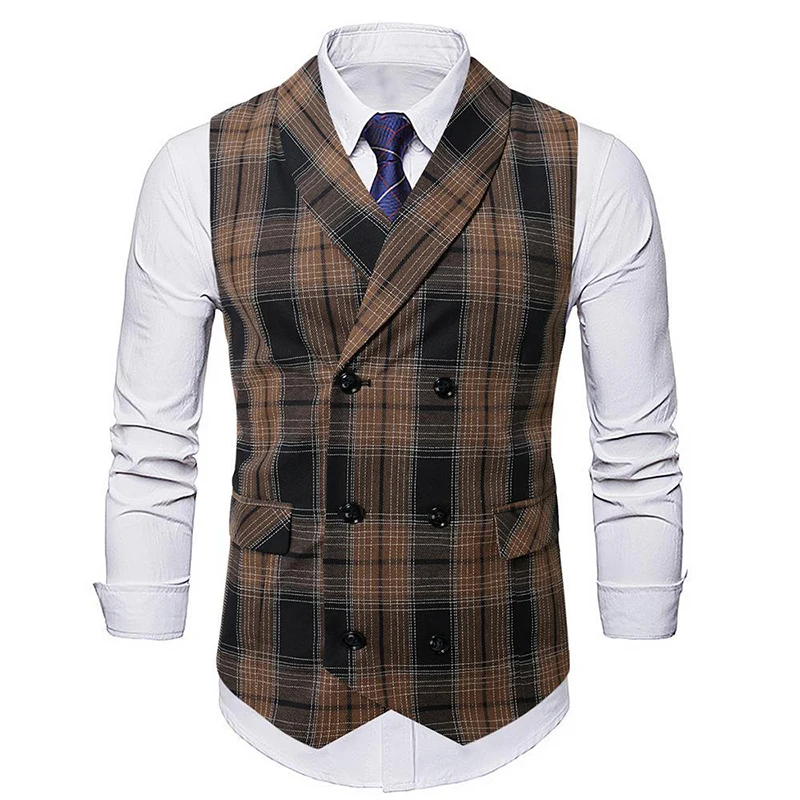 Trendy Sleeveless Slim Waistcoats Mens Spring Fashion Lapel Buttoned Plaid Striped Vest Jackets Men Casual Tie-up Suit Coat Male