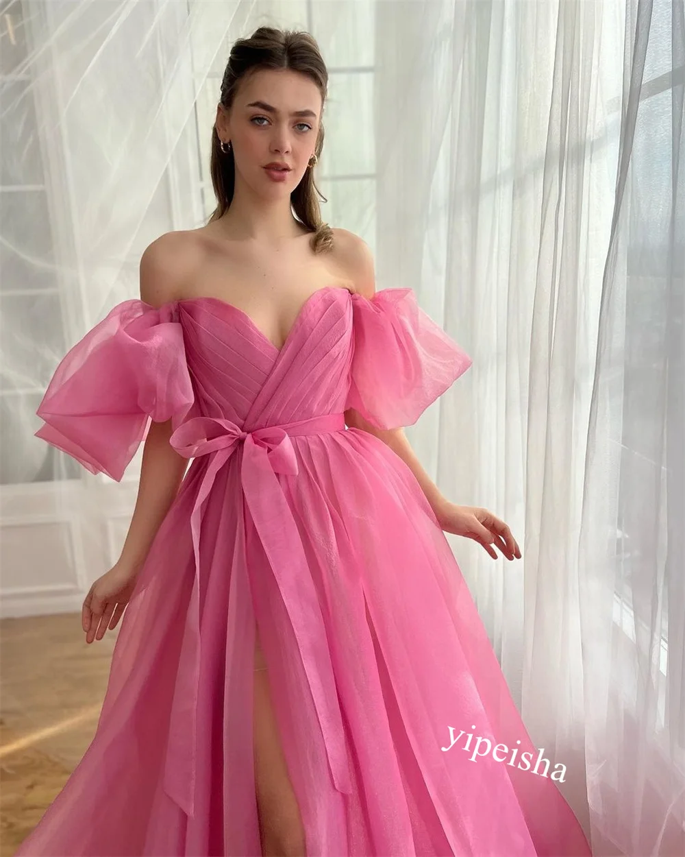 Abito da ballo drappeggiato in Organza con spalle scoperte occasioni su misura lunghe es Casual