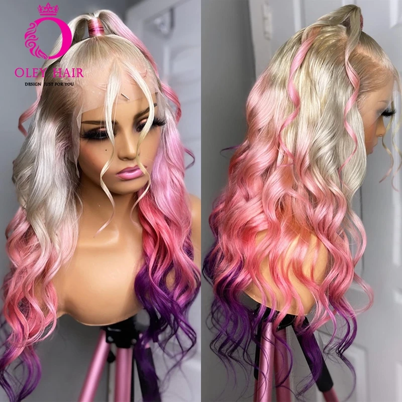 

Synthetic Lace Front Wigs For Women White Ombre Pink Ombre Purple Water Wave Wig Natural Looking Heat Resistant Hair Cosplay