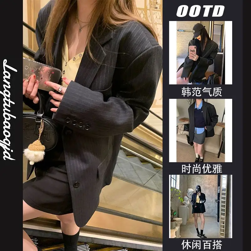 

2021 весенне-осенний высококачественный черный полосатый пиджак для женщин, новый стиль, свободный повседневный и модный костюм