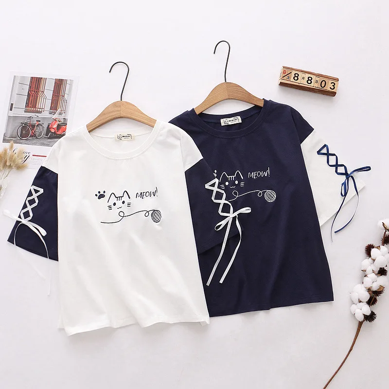 Japanese Mori Girl Summer Patchwork Tops Women T Shirt Cute Cat Graphic Embroidery Tees Kawaii Clothes Ribbons Stitching T-shirt