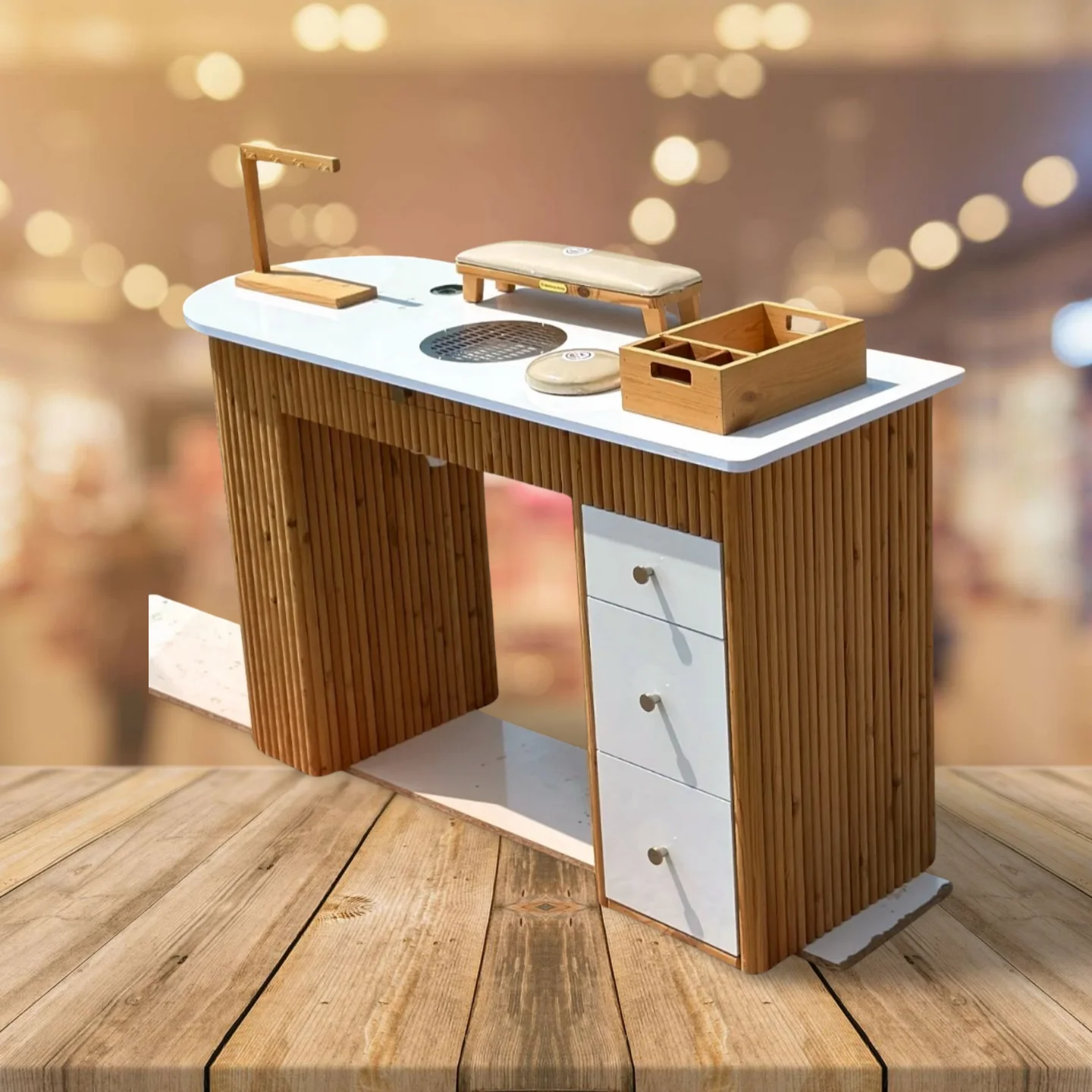 M2 Display Solid Wood Manicure Furniture Nail Art Table Station With Dust Collector LED Manicure Table