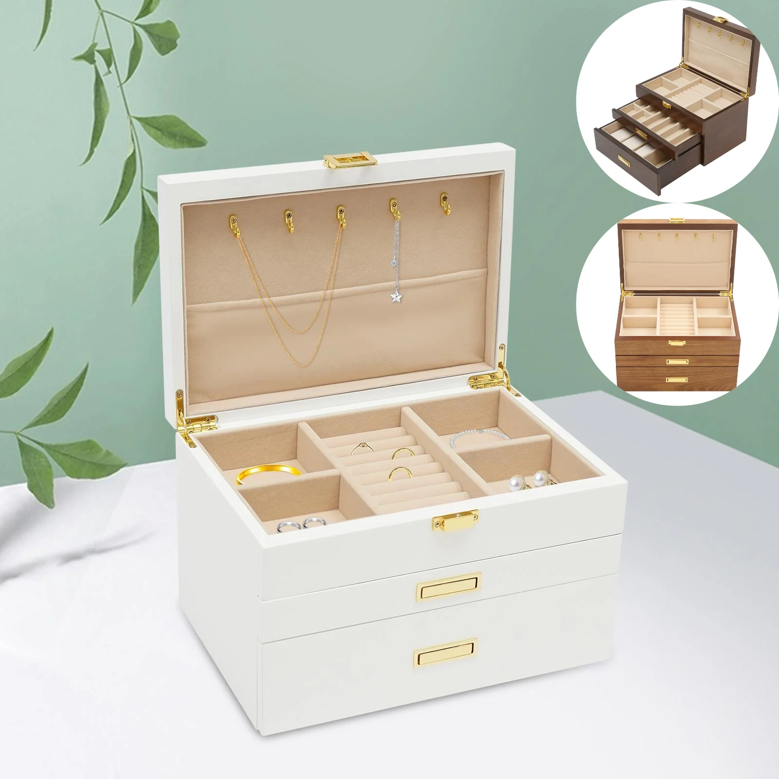 

Multi Functional Three Layer Leather Drawer Style Jewelry Box Jewelry Organizer Earrings Ring Drawer Plush Jewelry Box 3 Colors