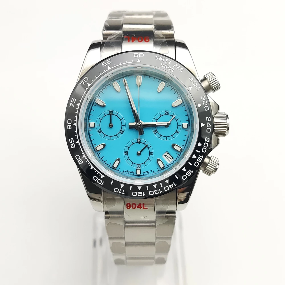 PARNSRPE 40mm goldene Edelstahl multifunktion ale Business VK63 Quarzuhren für Männer Chronograph Saphirglas Datum Gummi armband 7