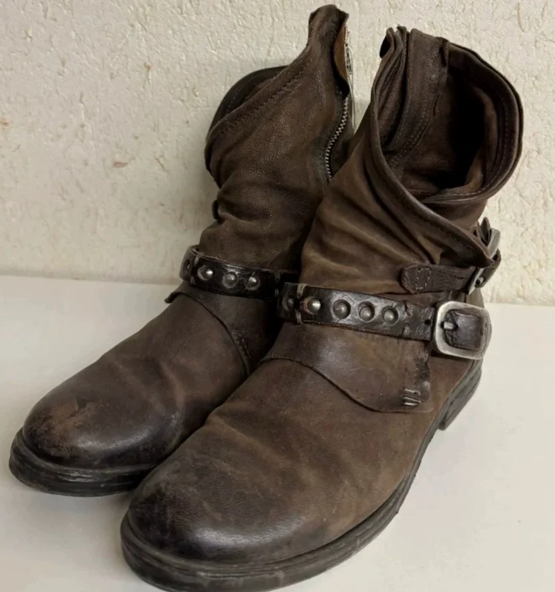 American Retro Motorcycle Boots For Men Distressed Western Boots Buckle Strap Knight Boots Leather Rock Punk Men's Boots