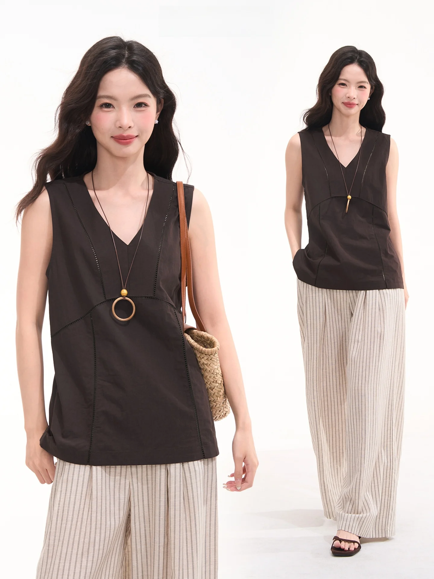 

Heme Linen V-Neck Sleeveless Shirt Women's Summer Top Versatile Simple Design Loose Fit Comfortable Breathable Casual Shirt