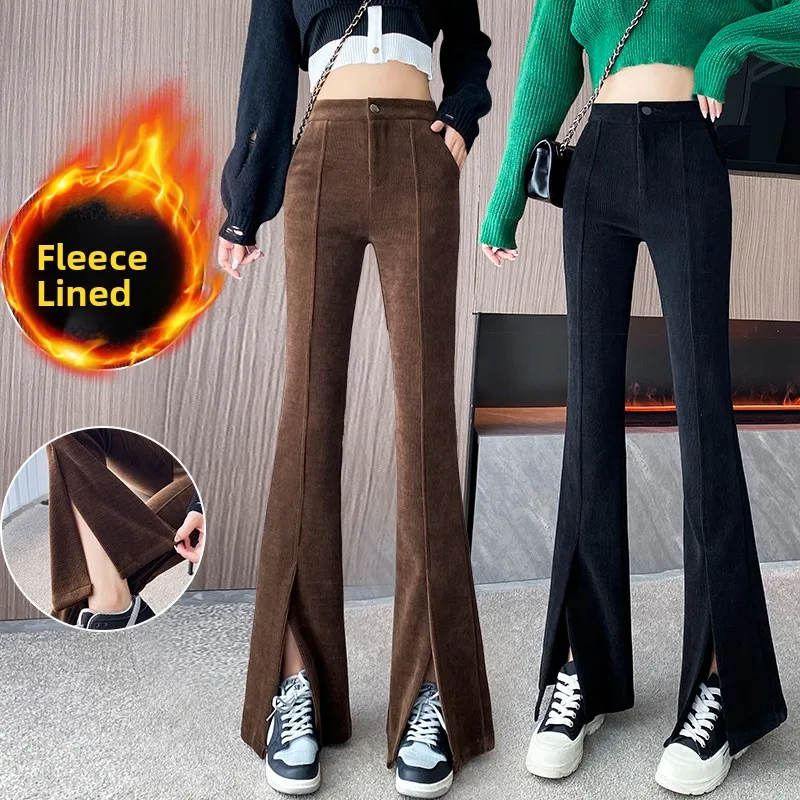 Korean Style Women's High Waist Thickened Fleece Micro Flared Pants Long Casual Trousers Asymmetrical Design Floor-Length