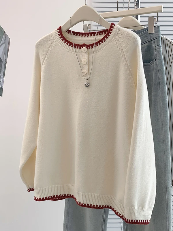 Authentic Autumn Winter Half Open Collar Sweater Jacket Korean Design Versatile Crew Neck Knitwear for Ladies Bright Thread