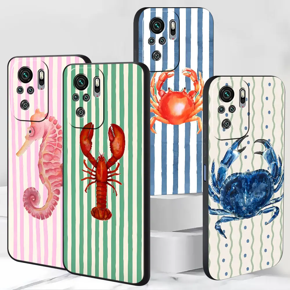 Ocean Life Theme Striped Case for Xiaomi Redmi Note 13 11E 10S 8 10 12 Pro Plus 9 11 9S 12S 8T TPU Black Soft Phone Cover Shell