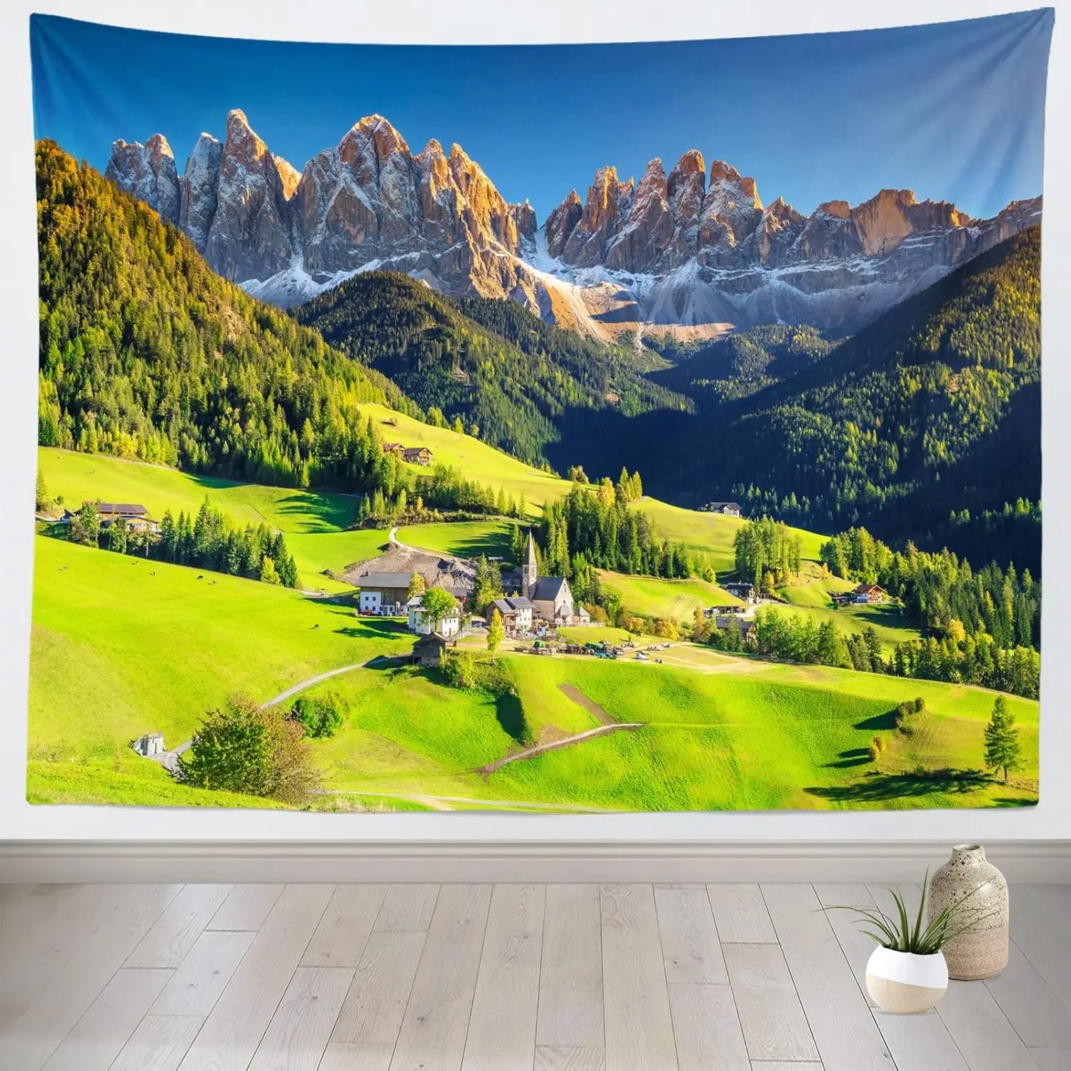 European Alps Mountains Wall Tapestry Swiss Mountains Tapestry Green Forest Grassland Hills Village Mountain Nature Landscape