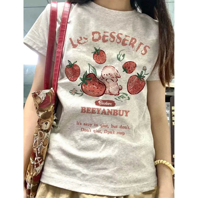 Y2k Aesthetic Summer New Cartoon Strawberry T-shirts Harajuku Short Sleeve Loose OCasual Tops Women O Neck All Match Casual Tees