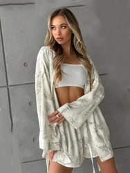 Marthaqiqi Printing Ladies Pajama Set Long Sleeve Sleepwear Lace Up Nightgown V-Neck Nightie Shorts Causal Female Nightwear Suit