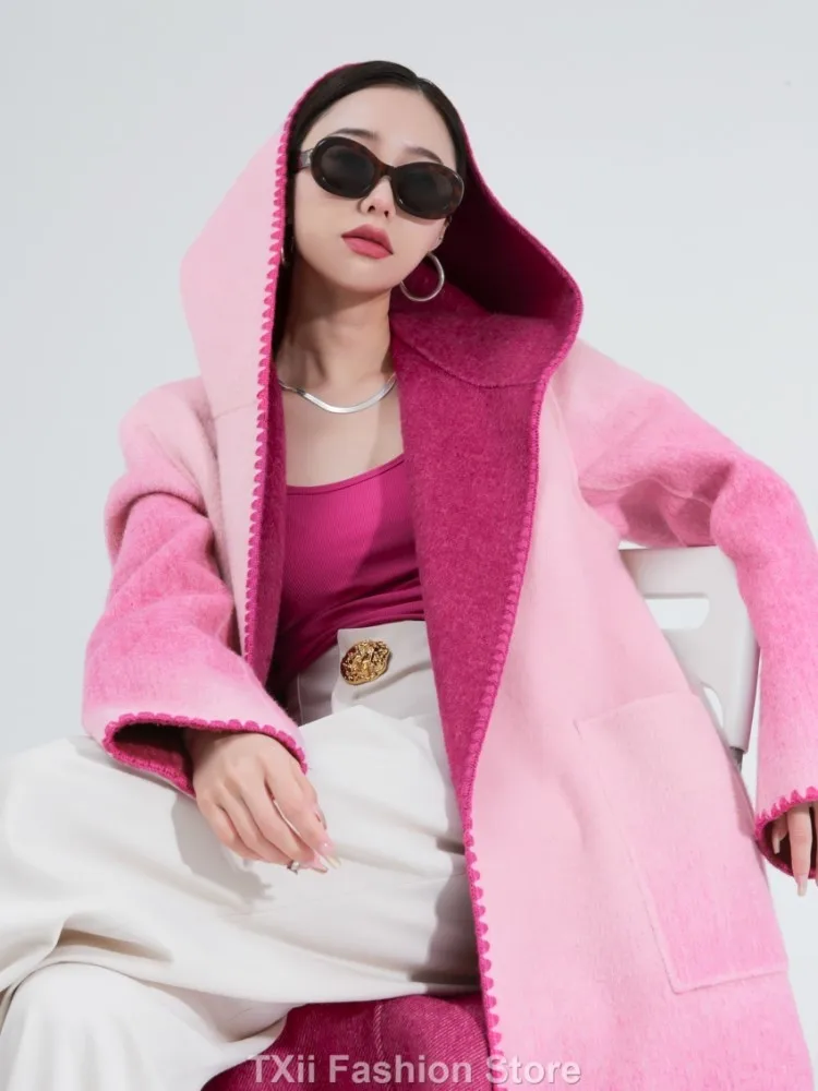 TXii Gradient Hooded Double Sided Wool Coat Women Long Korean Fashion Bathrobe Style Winter Woolen Jacket Overcoat