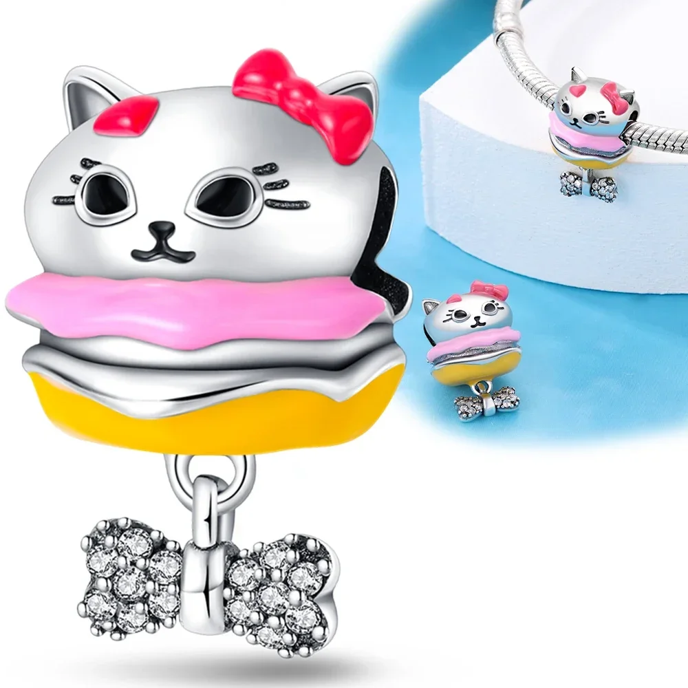 Charms 925 Sterling Silver Cute Animal Pet Series Cat Burger Love Fit Oryginalna bransoletka Pandora dla kobiet do tworzenia biżuterii Prezenty