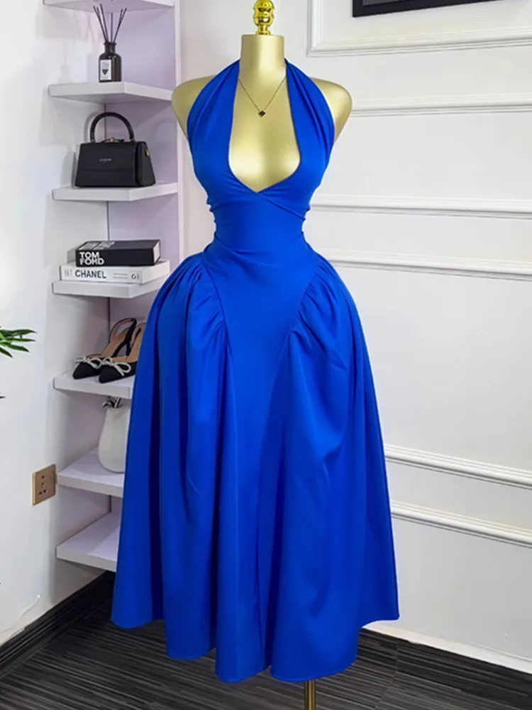 

BKLD Blue Dress Women Clothing 2025 Summer New Solid Color Sleeveless Deep V-Neck Halter Lace-Up Open Back Long Dresses Party