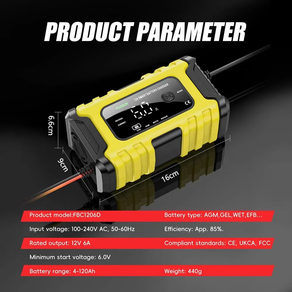 Cargador de batería automotriz de 12V y 6A, pantalla Digital, cargador de batería inteligente, cargadores de reparación, batería de plomo ácido húmedo y seco AGM