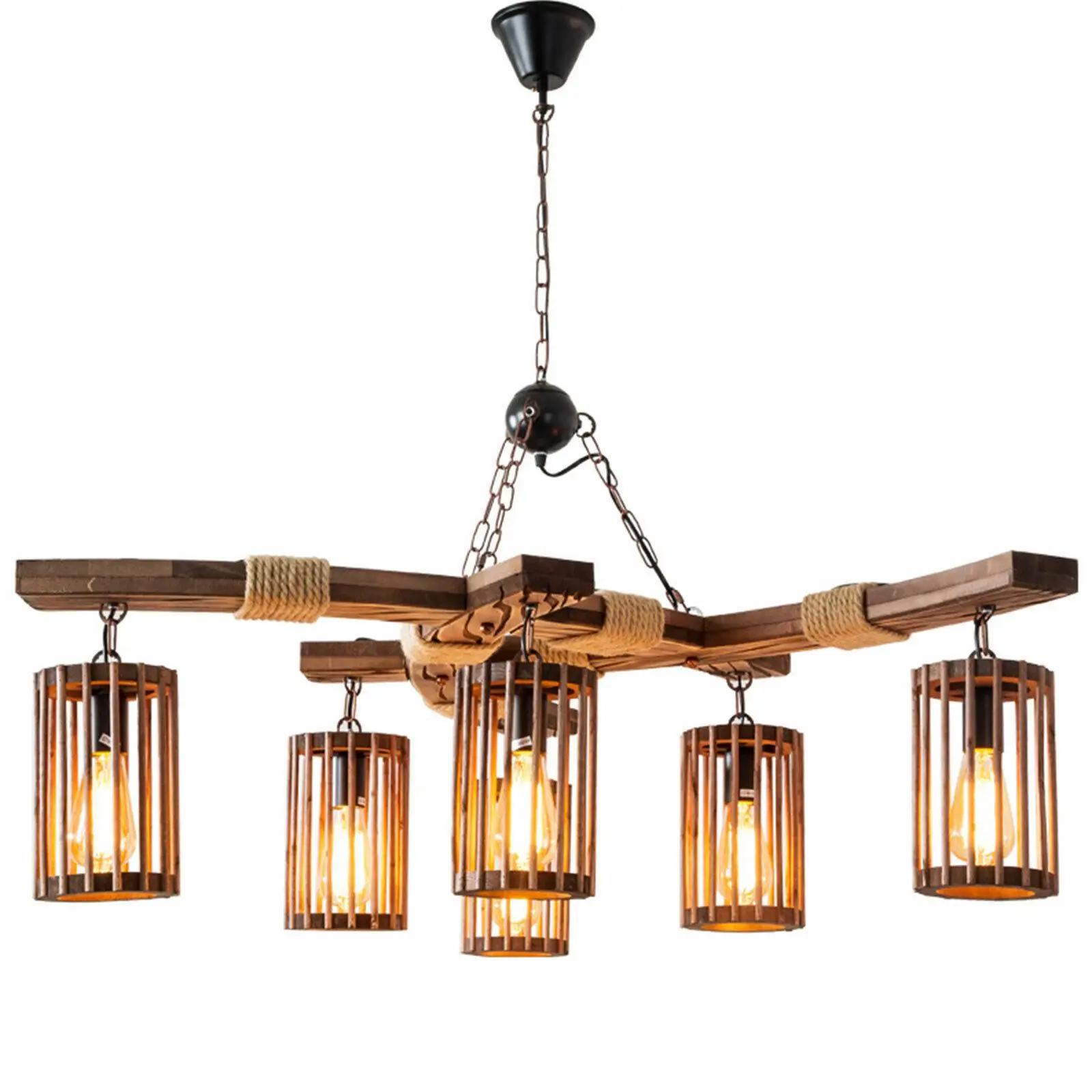 5 Light Island Farmhouse Chandelier Ceiling Fixture Wood Pendant Lamp Island Light Home Kitchen