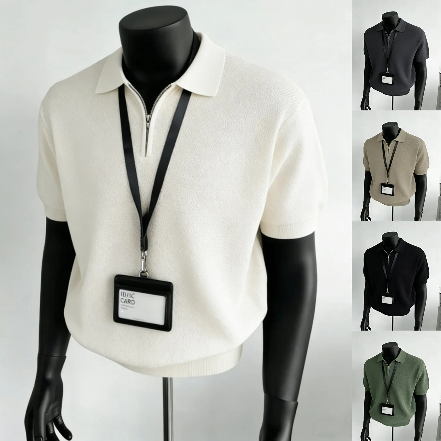 Summer Half-Zip Lapel Solid Ice Silk Quick-Dry Short Sleeve Knit Polo Shirt Men's Casual Top